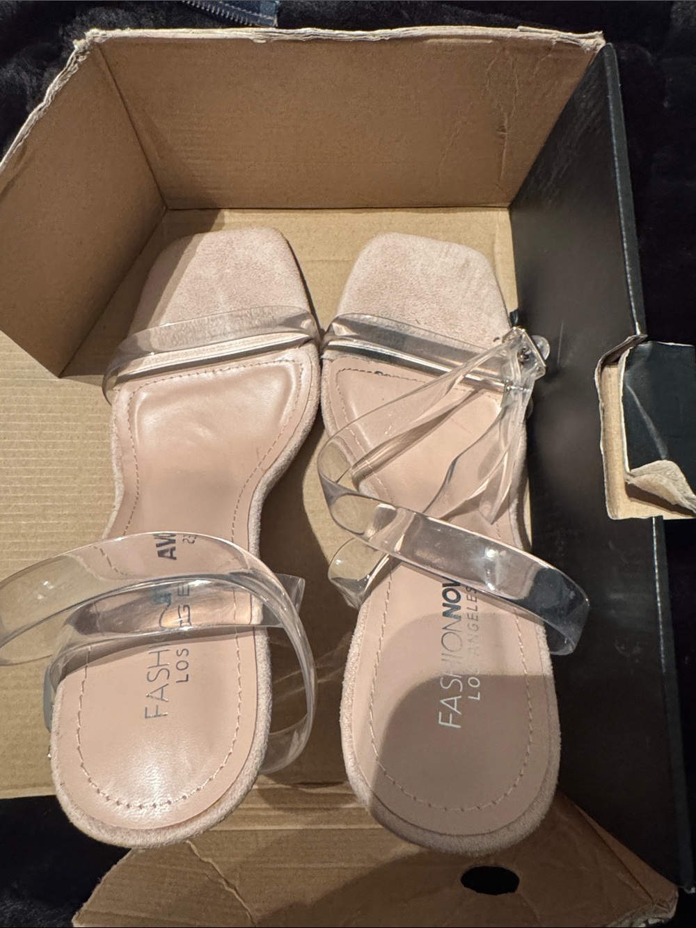 Fashion Nova Clear-Strap Wedge Sandals in Nude/Pearl